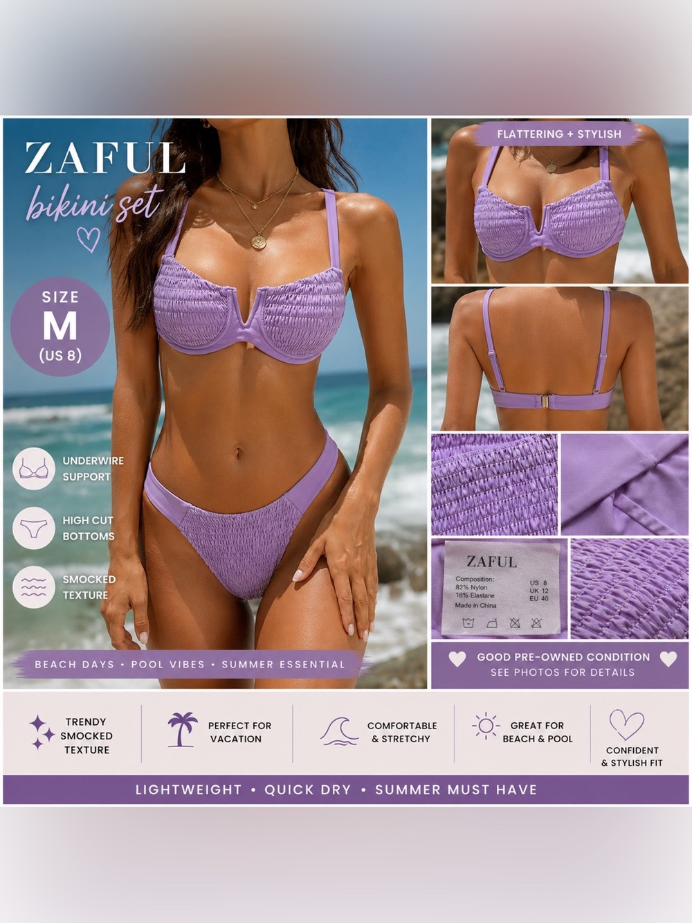 Zaful Lavender Smocked Bikini Set Underwire High Cut Bottoms Size M Purple